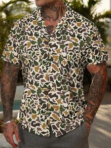 Men's Camo Print Cuba Collar Shirt, Regular Fit Casual Short Sleeve Button Up Top for Summer, Fashion Men's Top for Daily Wear, Shortsleeve Button Down Top, Casual Button Collared Menswear, Tropical Button Front Shirt