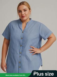 【Plus Size】 Striped Print Button Up Shirt, Casual Short Sleeve Top for Summer, Women's Clothes for Daily Wear, Clothing, Womenswear, Buttoned Top