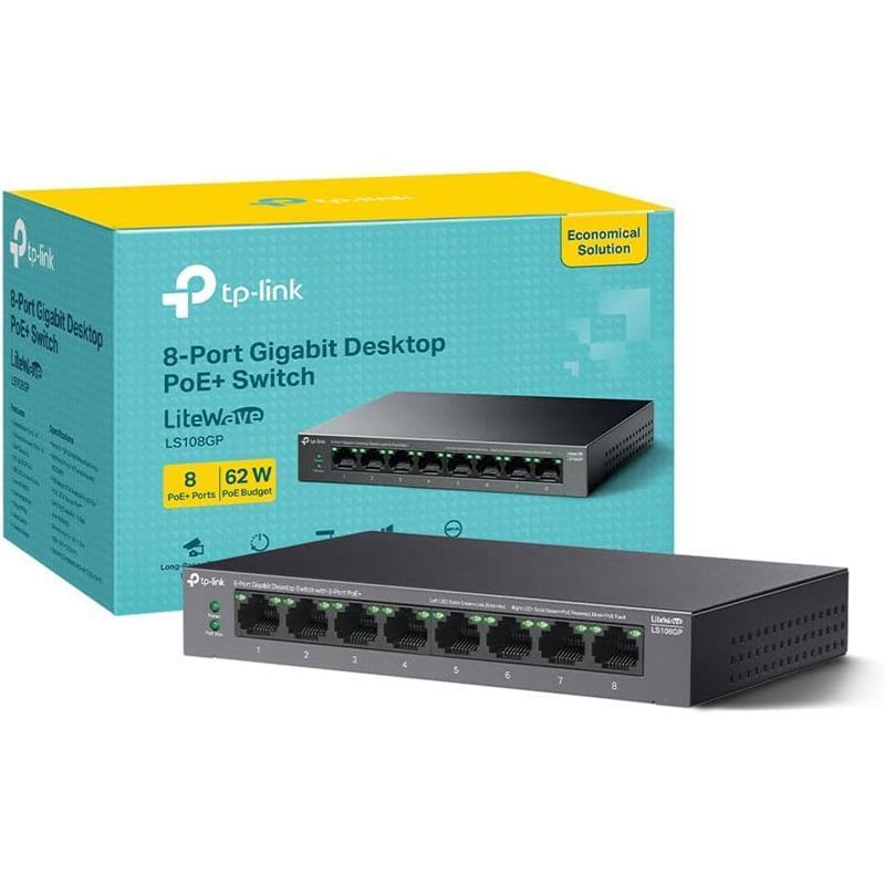 LS108GP 8 Port Full Gigabit PoE Switch, Network Switch, Power Saving, Plug & Play, Metal Case, Ethernet Switch, 802.3af/at 30W, 62W Total Budget, Ethernet Splitter, Silent Operation 3