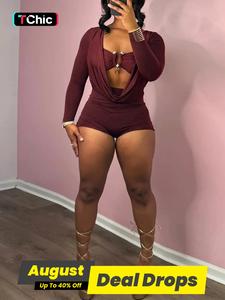 Women's Solid Color Metal Decor Cut Out Romper, Street Fashion Longsleeves Romper for Nightclub Music Festival, Ladies Summer Clothes, Burgundy Womenswear