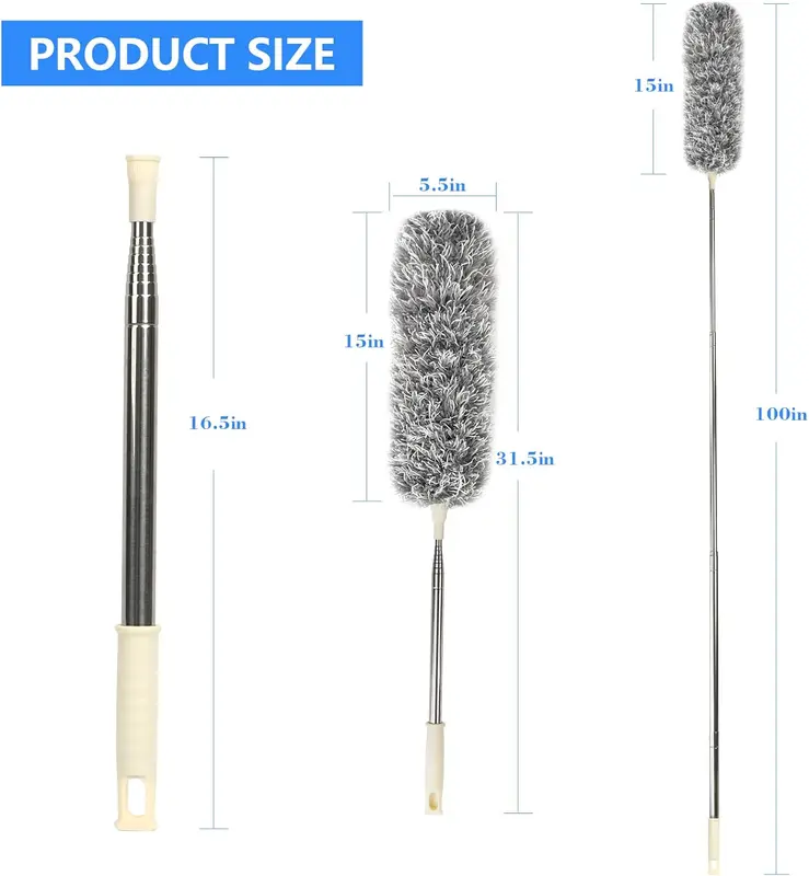 Extendable Feather Duster,Microfiber Duster with 100'' Telescopic Stainless Steel Extension Pole and Soft Silicone Cap,Easy to Absorb Dust Anti Static,Perfect for Cleaning Cobweb,Ceiling Fan,Car etc 5