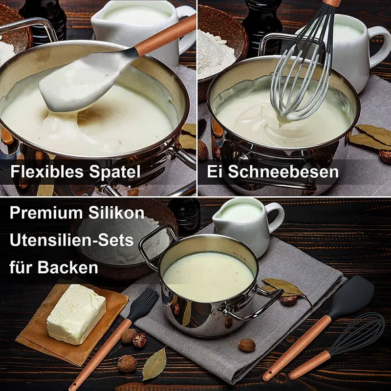 12Pcs Kitchen Utensils Set Silicone Cooking Nonstick Spatula Turner Spoon Tools with Premium Wooden Handles Easy Clean Non-Stick Black Utensils for Family Day Party Picnic 4