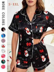 Chrismas Pajamas Set,Women's Halloween Print Lapel Neck Pocket Shirt & Shorts Satin Pyjama, Casual Comfy Short Sleeve Button Front Top & Shorts Pj Set, Ladies Sleepwear for Fall