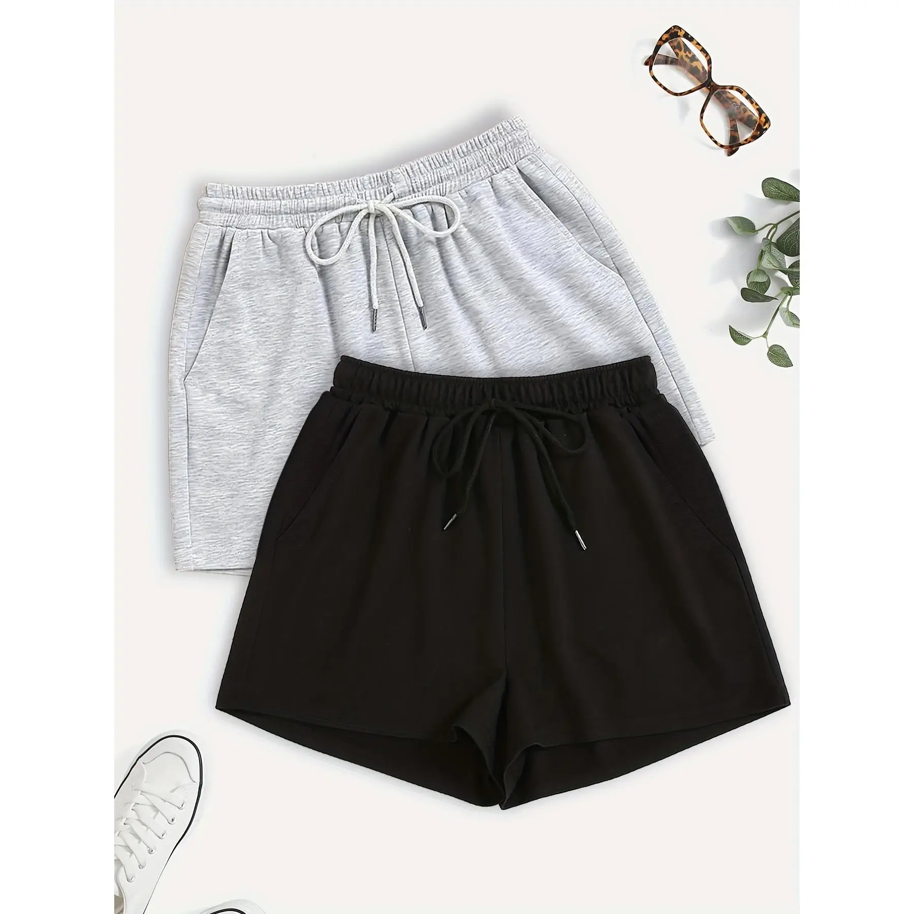 2 Pack Slant Pockets Drawstring Shorts, Casual Shorts For Spring & Summer, Women's Clothing