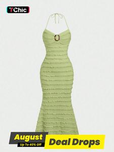 Women's Summer Solid Color Sleeveless Multi-layer Ruffle Trim Round Ring Link Chic Mermaid Hem Halter Neck Dress Women Clothing, Elegant Summer Dresses