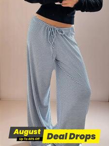 Women's Striped Print Tie Front Wide Leg Pants, Casual Soft Streetwear Baggy Comfy Drop Waist Trousers for Summer, Pants for Lady, Fashion Women's Bottoms for Daily Wear, Tall Clothing, Pants for Women, Baggy Legged Pants, Womenswear