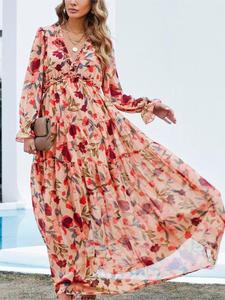 Women's All Over Print Frill Trim Long Dress, Boho Long Sleeve V Neck A Line Dress for Spring & Fall, Women's Clothing for Daily Wear