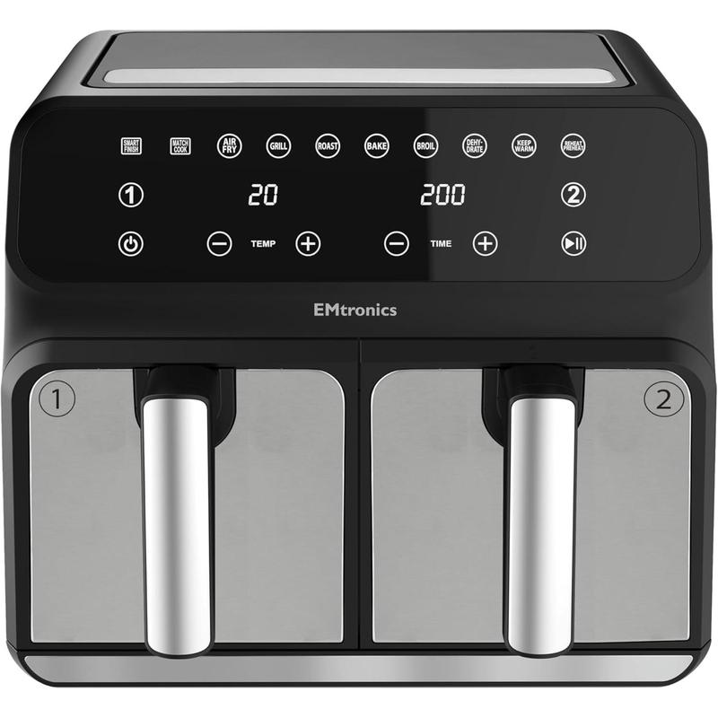 2025NEW-EMtronics EMAFDD8LSL Dual Air Fryer Extra Large Family Size Double XL 8 Litre with 8 Adjustable Pre-Set Menus for Oil Free & Low Fat Healthy Cooking, Easy Clean Metal Interior, 99-Minute Timer - 4