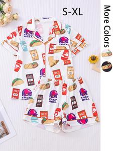 Women's All Over Print Button Up Top & Shorts Pajama Two-piece Set, Casual Comfy Short Sleeve Top & Shorts Pj Set, Ladies Summer Sleepwear, Loungewear, Womenswear, Homewear, Shortsleeve, Pajama Sets, Casual Pajamas Outfit