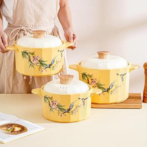 Floral Pattern Stockpot with Lid, 3 Counts/set Modern Simple Ceramic Stockpot, Heat-resistant Cookware for Soup, Stew, Stone Pot for Rice