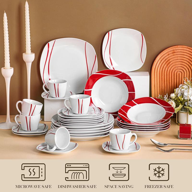 MALACASA Dinnerware Sets, 18/24/30-Piece Porcelain Square Dishes, Gray White with Red Rim, Modern Dish Set for 6 - Plates and Bowls Sets, Ideal for Dessert, Salad, and Pasta - Series FELISA 4