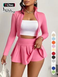 Aliling Women's Solid Zip Up Crop Jacket & High Waist Skirt Two-piece Matching Set, Casual Fashion Cozy Two Piece Outfits for Daily Outdoor Wear, Women Clothes for Spring Fall