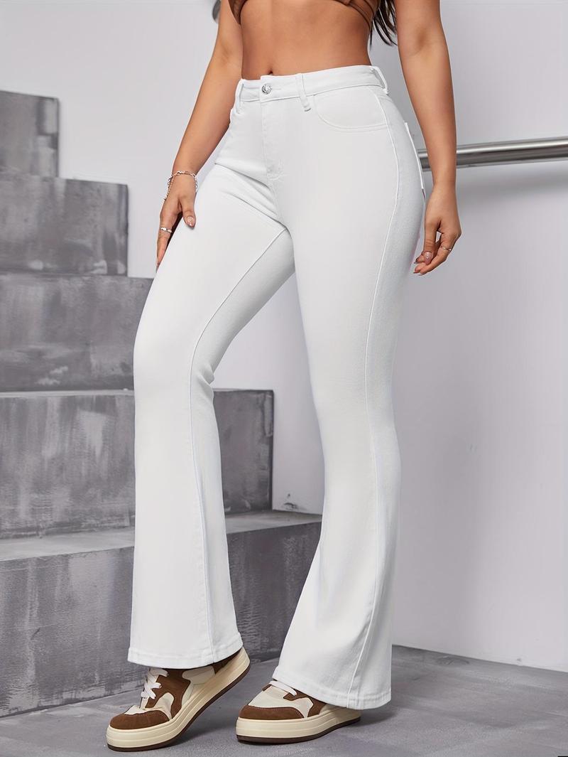 Product Introduction of Women's High-Waist Stretchy White Flare Jeans - Slim Fit, Versatile Bell Bottom Design, Comfortable Polyester Blend, Perfect for All Seasons, Allseason Apparel|Stylish Bell Bottoms|Seamless Finish 1