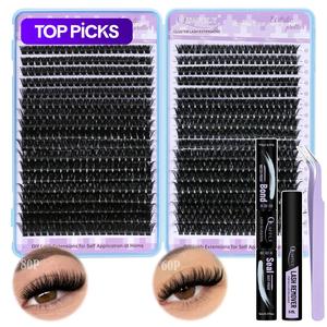 Natural Look DIY Eyelash Extensions Kit, 1 Box Individual False Eyelashes with Eyelash Glue & Tweezers & Remover, Curl Cluster Lashes, Professional Eye Makeup Accessories for Women, DIY Volume Eyelashes