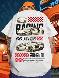 Men's Car Print Round Neck Tee, Loose Casual Short Sleeve T-shirt for Summer, Men's Top for Daily Wear