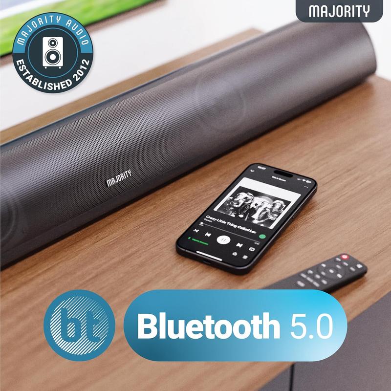 MAJORITY Bluetooth Sound Bar for TV |   Built-in Subwoofer |   120 Watts 2.1 Channel Sound |   RCA, Optical, and AUX Connection |   Wall Mountable |   Remote Control included Snowdon TV Soundbar 1