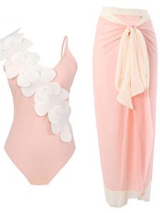 Women's  Flower Decor One-piece Swimsuit & Cover Up Skirt Set, Casual Sleeveless Swimwear Set  for Beach Holiday Vacation, Ladies Swimsuit for All Seasons