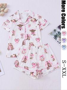 Women's All Over Bowknot Print Lapel Neck Shirt & Elastic Waist Shorts Pyjama Two-piece Set, Casual Comfy Short Sleeve Collared Top & Shorts PJ Set, Ladies Sleepwear for All Seasons, Loungewear