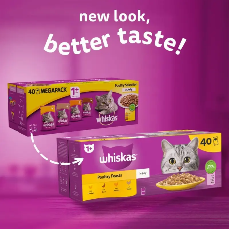 WHISKAS - 1+ Adult Wet Cat Food Pouches - 40 x 85 g - Poultry Selection - Bulk Cat Food Megapack - 40 Jelly Pouches 8