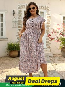 【plus Size】ditsy Floral Print Button Front Ruffle Shirred A Line Dress, Boho Romantic Cap Sleeve Round Neck Long Dress for Daily Holiday Wear, Summer Dresses, Dresses for Women, Plus Size Dresses, Summer Dresses 2025, Bohemian Womenswear