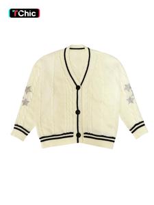 Women's Star & Striped Print Textured Cardigan, Casual Contrast Binding Button Front Cable Knit Outerwear for Fall & Winter, Women's Knitwear Top