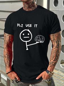 Men's Regular Fit Cartoon Figure Brain Letter Print Round Neck Tee, Casual Comfy Short Sleeve T-shirt for Daily Wear, Plus Size Men's Summer Clothes