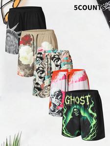 Men's Regular Fit Skull & Floral Print Boxer Briefs, Casual Comfy Breathable Shorts for Summer, Men's Shorts for Daily Wear