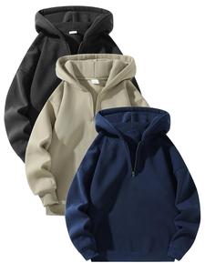 Men's Solid Half Zip Thermal Lined Hoodie, Casual Regular Fit Long Sleeve Hooded Sweatshirt for Fall & Winter, Men's Clothes for Daily Wear