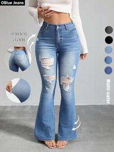OBlue Jeans Women's Flare Leg Jeans, Casual Comfy High Waist Bell Bottom Trousers for Daily Wear, Ladies Bottoms for All Seasons, Pants