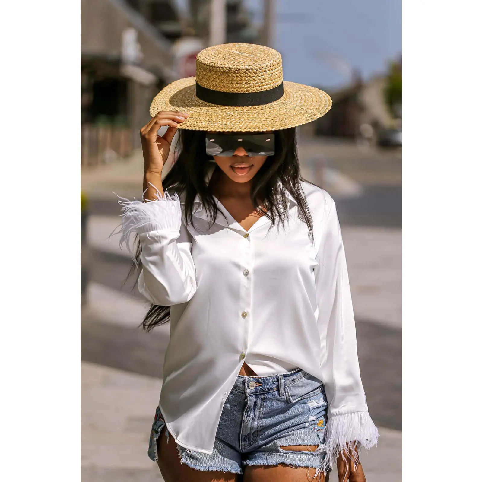 Faux Feather Trim White Blouse