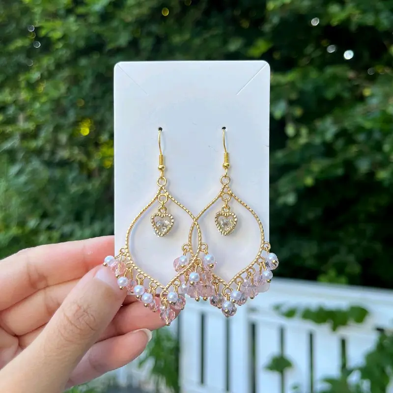 Handmade Pink Crystal White Pearl Heart Earrings - Light Weight Jhumkas for Women 6