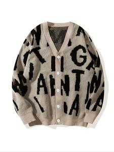 Men's V Neck Letter Print Knit Cardigan, Casual Fitted Sweater for Spring & Fall, Outdoor Fashion Essential, Moderate Fabric Thickness