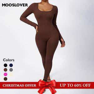 Mooslover UK Jumpsuits for Women Yoga Long Sleeve Square Neck Ribbed Workout Sport Bodycon Jumpsuit Womenswear Overalls Comfort【ChristmasOutfits】