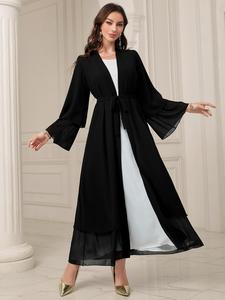 Arabic Clothing-solid Belted Tiered Layer Kaftan, Modest Cozy Long Sleeve Open Front Chiffon Dress, Kaftan Dresses, Modest Clothes, Summer Outfits 2024, Loose Abayas, Ladies Clothes for Spring & Fall