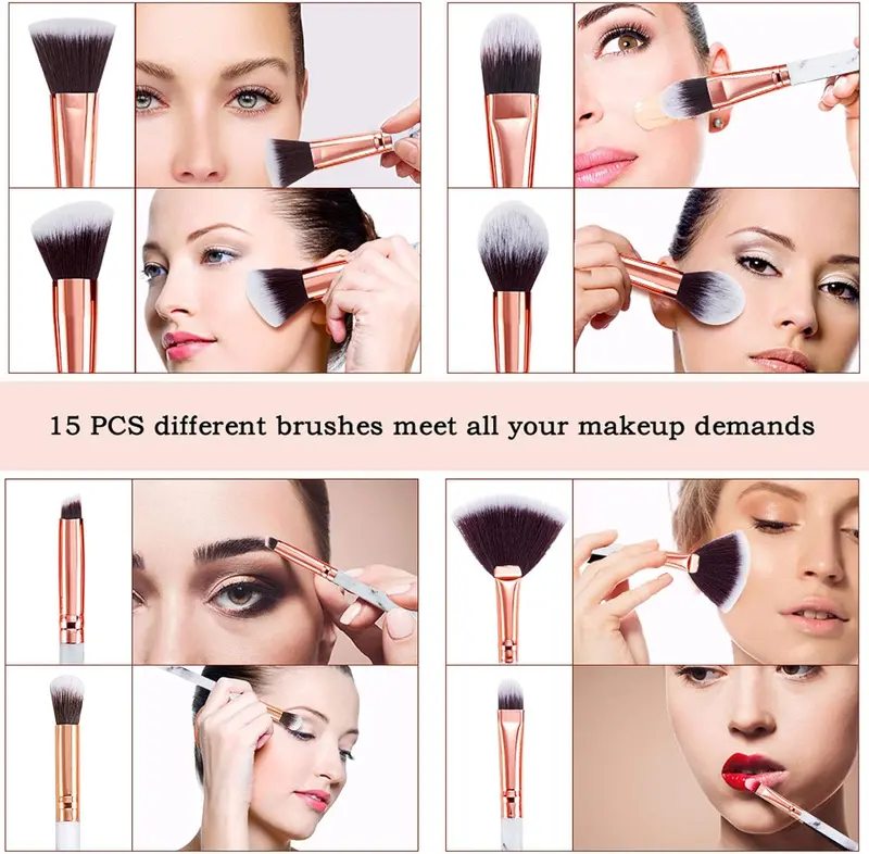 Makeup Brushes  15PCs Marble Makeup Brush Set Premium Synthetic Kabuki Powder Blush Contour Foundation Concealer Eyeshadow Brushes with Makeup Sponge 5