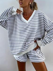 Women's Striped Print Long Sleeve Tee & High Waist Shorts Two-piece Set, Casual Round Neck Top & Shorts for Spring & Fall, Women's Clothes for Daily Wear, Striped Knit Sets
