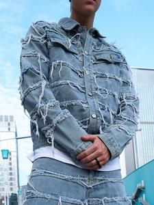 Men's Denim-Effect Ripped Jeans Jacket, Casual Comfy Regular Fit Long Sleeve Open Front Outerwear for Daily Wear, Fashion Men's Clothes for All Seasons, Coats, Cotton