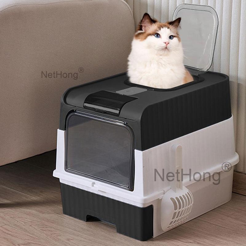 Covered Cat Litter Box with Lid for Small and Medium Cats, Top Entry Drawer Type with Front Door Cat Litter Tray, Anti-Splashing Cat Litter Tray with Drawer Pan and Scoop, Odor Control Easy Clean Foldable Litter Tray litter box cat  litter  tray 1