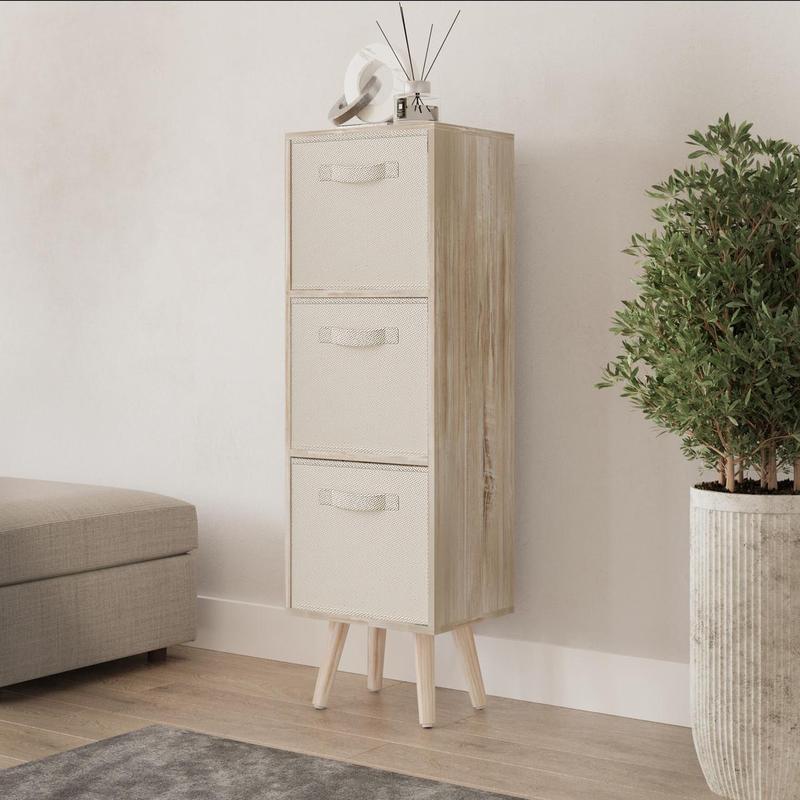 Antique Oak 3-Tier 3-Drawer Cube Shelving Unit with Scandinavian Legs 4