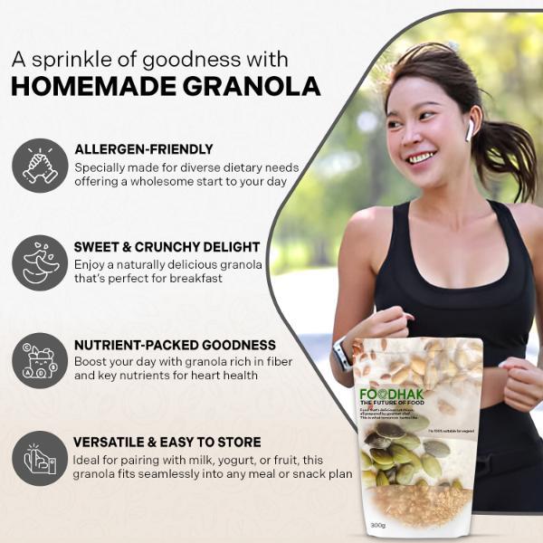 FOODHAK Homemade Granola – Vegan & Gluten-Free Granola with Chia Seeds & Dried Apricots, Nutrient-Packed Cereal to Support Nervous System & Heart Health, No Added Refined Sugar - 300g (Pack of 1). 3