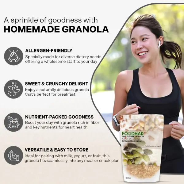 FOODHAK Homemade Granola (Pack of 1) 300g – Vegan & Gluten-Free Granola with Chia Seeds & Dried Apricots, Nutrient-Packed Cereal to Support Nervous System & Heart Health, No Added Refined Sugar. 2