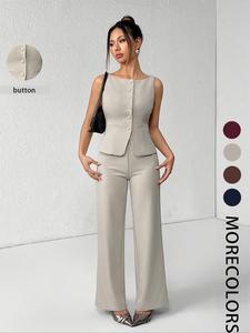 Women's Solid Button Front Tank Top & Wide Leg Pants Set, Casual Fashion Two-piece Set for Summer, Women's Clothing for Daily Wear, Suits, Office Siren Outfits, Work Office Suit, Minimalist