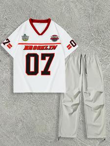 Men's Letter & Figure Print Short Sleeve Tee & Pants Set, Casual V Neck T-shirt & Trousers, Summer Clothes for Men