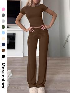 Women's Solid Top & Flare Leg Pants Set, Casual Fashion Cozy Top & Bell Bottom Trousers for Daily Outdoor Wear, Ladies Clothes for All Seasons