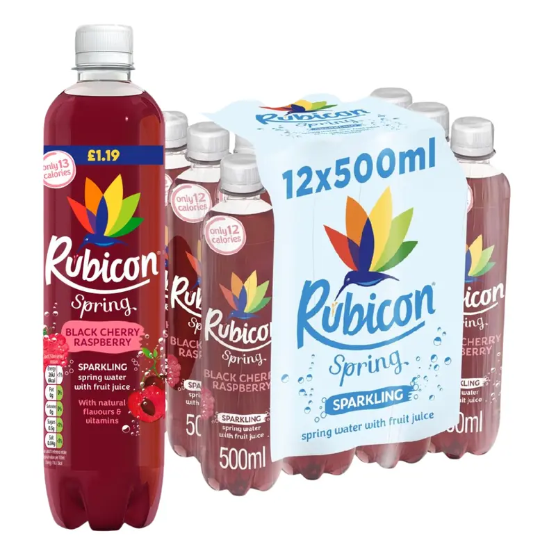 Rubicon Spring Black Cherry Raspberry Sparkling Water with Real Fruit Juice PMP 500ml - Pack of 12, Only 13 Calories Per Bottle - Beverage 0