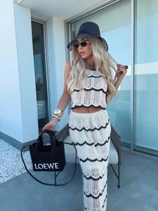 Women's Colorblock Crochet Top & Skirt Two-piece Set, Boho Fashion Hollow Out Sleeveless Top & Skirt for Beach Holiday Vacation, Ladies Clothes for All Seasons, Womenswear, Casual Loungewear Set