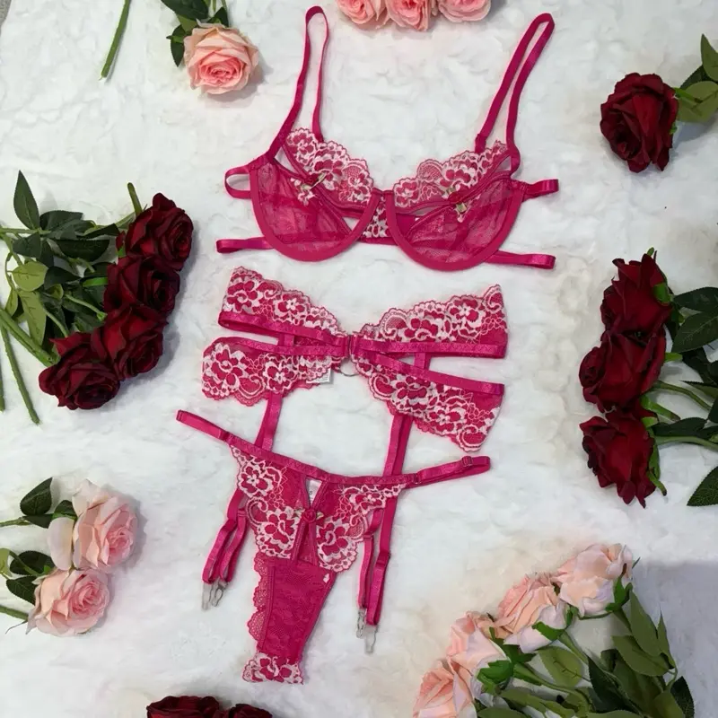 Lingerie doll. Neon pink Classy Elegant Cut Out Lingerie 4 piece lingerie Set with Adjustable Bra Straps- Comfortable, Comfort, Fit, Clothes, Womenswear
