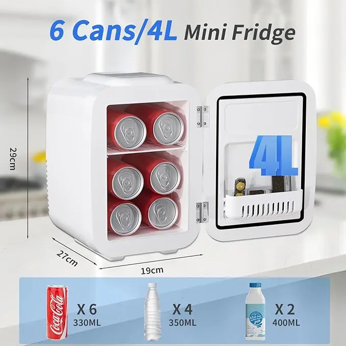 Mini Fridge, 4 Liter/6 Cans Small Fridgerator for Bedroom, AC/DC Thermoelectric Cooler and Warmer for Skincare Drink Office Dorm Car, White 4