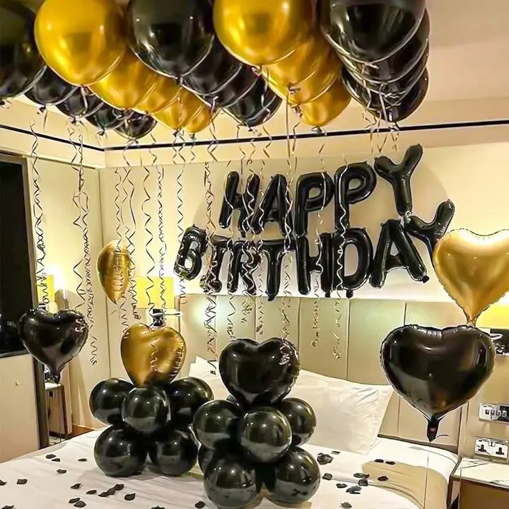 47pcs 16" Black Happy Birthday Letter Foil Balloons Set with Gold Latex Balloons and Heart Foil Balloons helium balloon kit