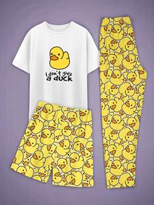 Men's Cartoon Duck Print Tee & Elastic Waist Pants & Shorts Loungewear Set, Regular Fit Casual Comfy Round Neck Short Sleeve T-shirt & Trousers & Shorts PJ Set, Men's Sleepwear for Summer, Nightwear Set, Pajama Set
